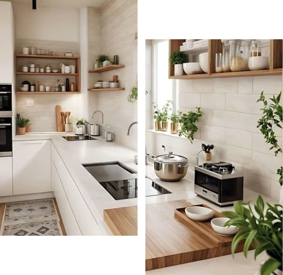 Cuisine moderne avec étagères ouvertes, plantes et électroménagers en acier inoxydable.