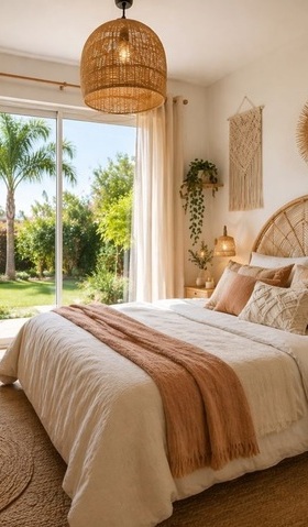 Chambre lumineuse avec déco bohème, lit beige, et vue sur jardin tropical.