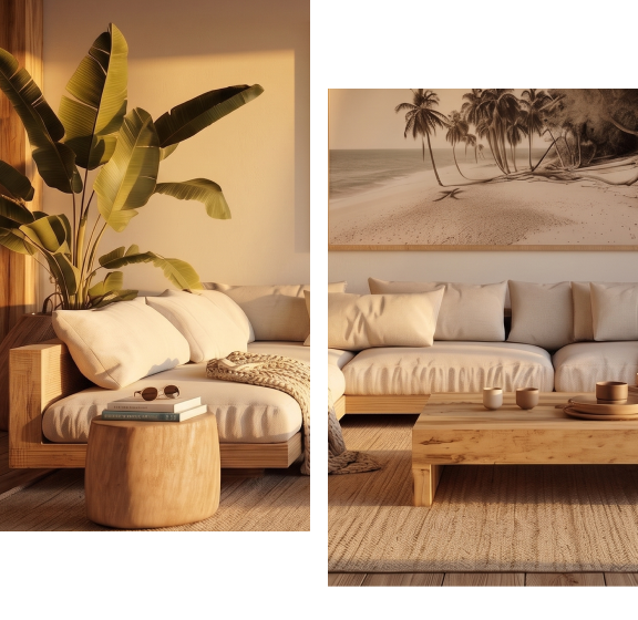 Salon moderne avec canapé beige, plante verte et tableau de plage.