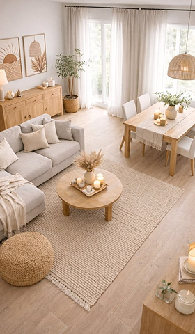Salon moderne avec déco naturelle, canapé gris, table en bois et plantes.