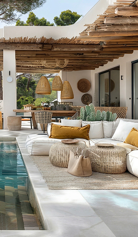 Terrasse moderne avec piscine, canapé blanc, coussins jaunes et décorations en osier.