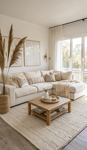 Salon moderne et lumineux avec canapé beige, table basse en bois et grandes fenêtres.