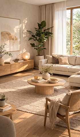 Salon moderne avec canapé beige, table basse en bois et plantes vertes.