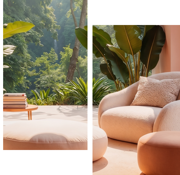 Espace salon extérieur avec fauteuils, plantes et vue sur une forêt tropicale.