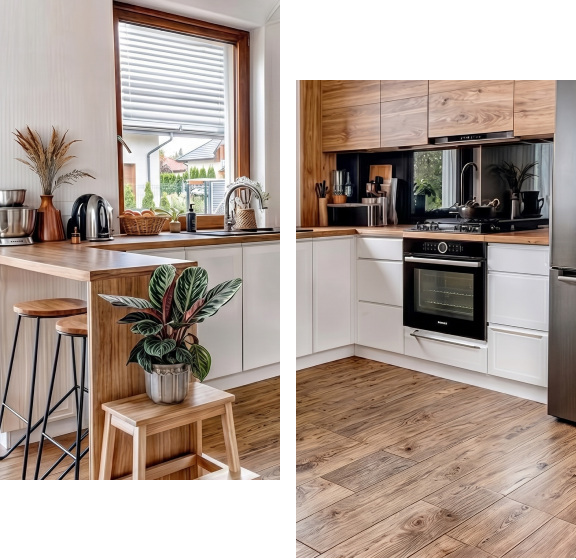 Cuisine moderne avec comptoir en bois, plantes et électroménagers.