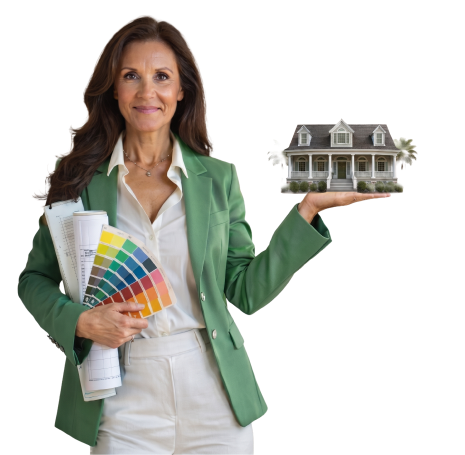 Femme tenant des plans et un nuancier, portant une maison miniature.