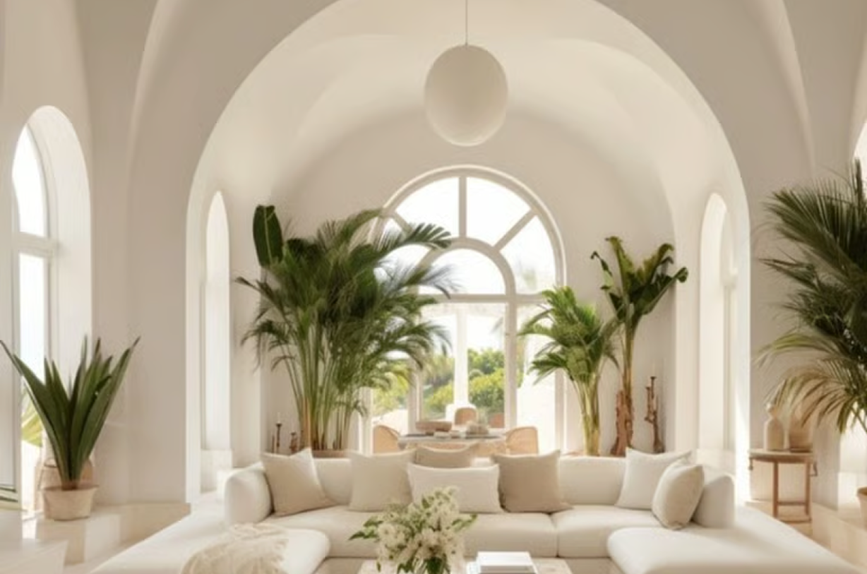 Salon lumineux avec canapé blanc, grandes plantes vertes et fenêtres arquées.