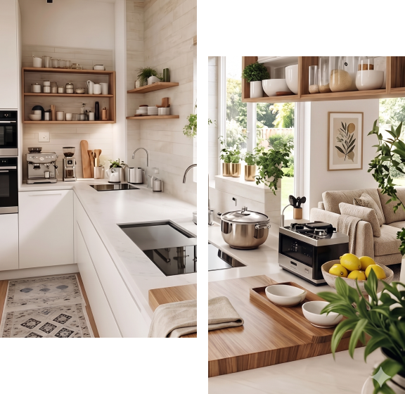 Cuisine moderne avec comptoirs en marbre, étagères en bois et plantes vertes.
