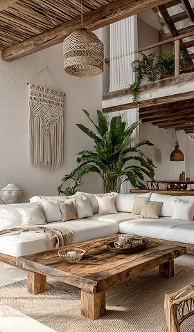 Salon boho avec canapé blanc, table en bois, plantes et décoration murale en macramé.