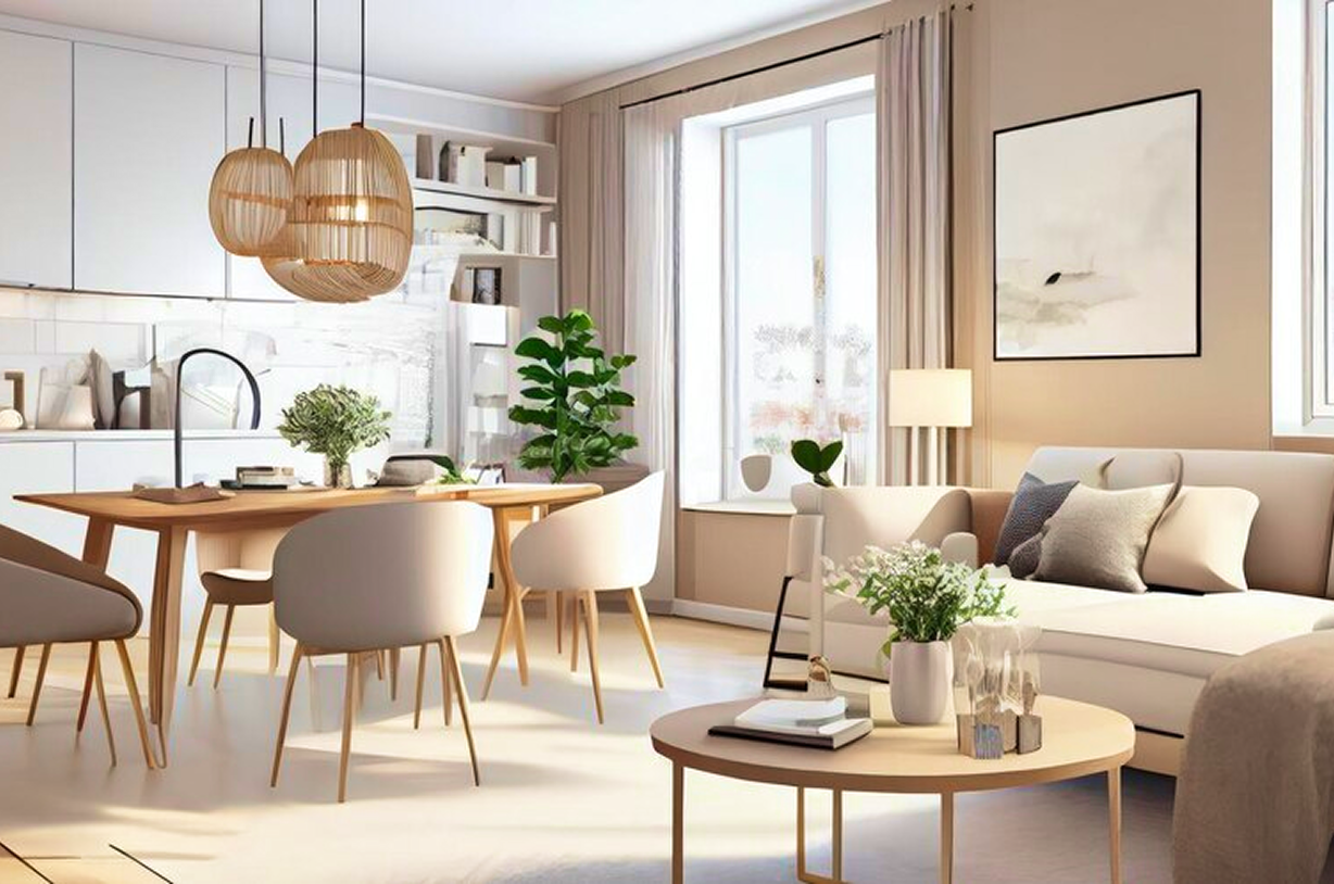 Salon moderne et lumineux avec mobilier en bois et plantes vertes.