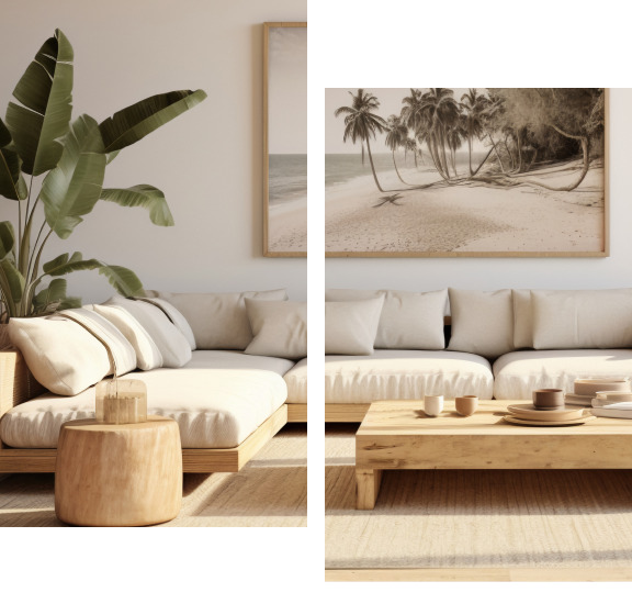 Salon moderne avec canapé beige, table basse en bois et plante verte.