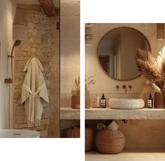 Salle de bain moderne avec mur en pierre et miroir rond.