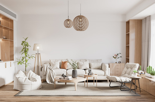 Salon moderne avec canapé beige, table basse en bois et plantes décoratives.