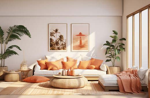 Salon moderne avec décorations orange et plantes vertes.