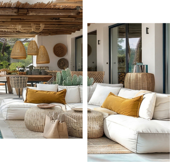 Terrasse extérieure avec canapé blanc, coussins jaunes et décoration en rotin.