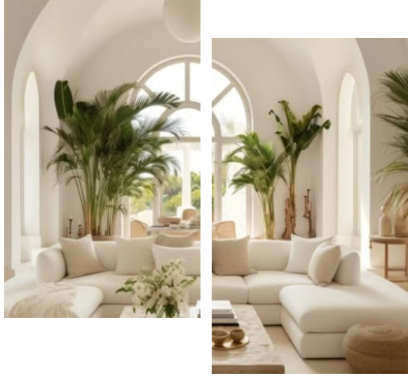 Salon lumineux avec canapé blanc, grandes plantes et fenêtres arquées.