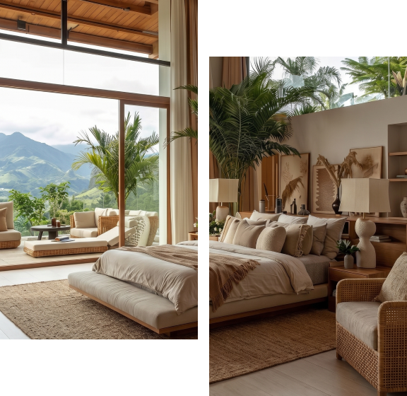 Chambre moderne avec vue sur montagnes et décoration naturelle.