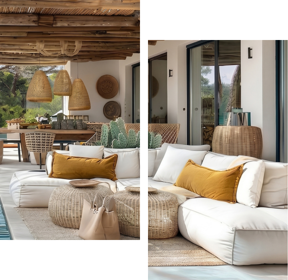 Terrasse avec canapé blanc, coussins jaunes, et décoration en rotin.