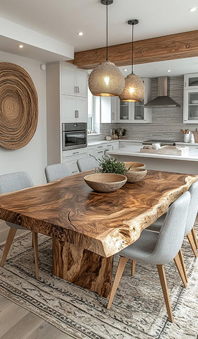 Salle à manger moderne avec table en bois massif et suspensions au-dessus.