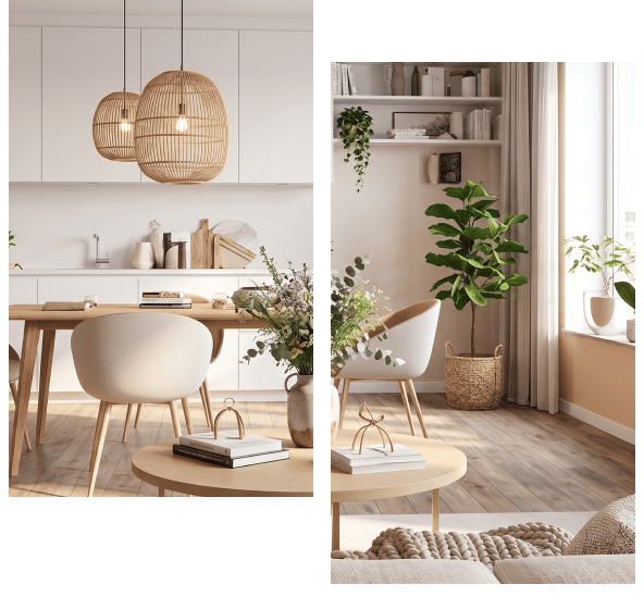 Salle à manger moderne avec plantes, table en bois et lumières suspendues.