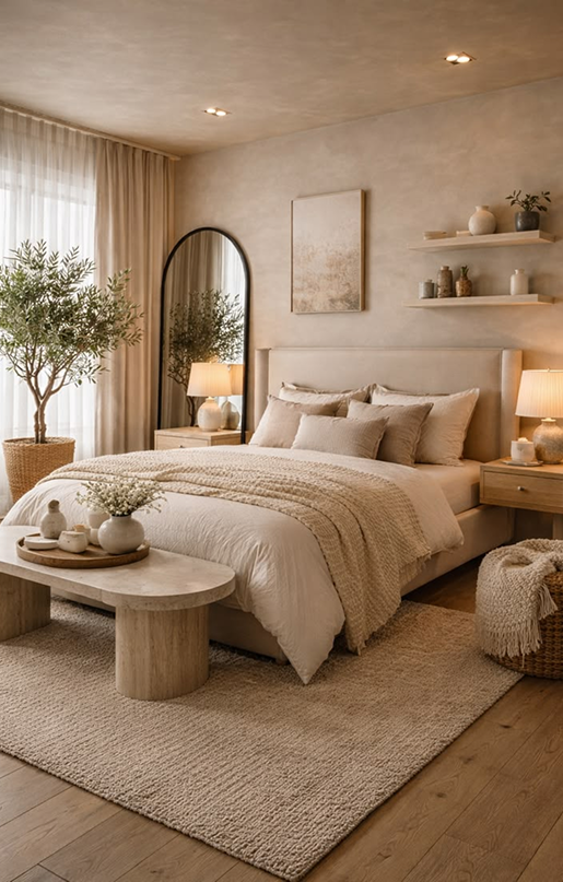 Chambre chaleureuse avec lit beige, plantes et décorations minimalistes.