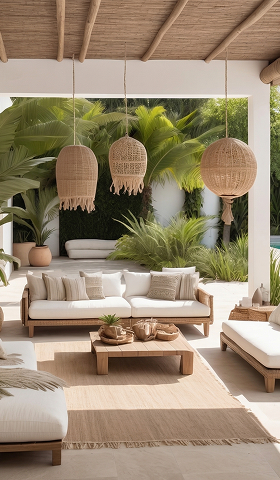 Terrasse extérieure avec mobilier en bois, coussins blancs et lampes suspendues en osier.