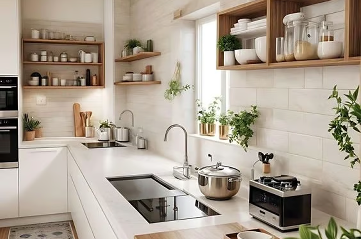 Cuisine moderne avec étagères en bois et plantes vertes.