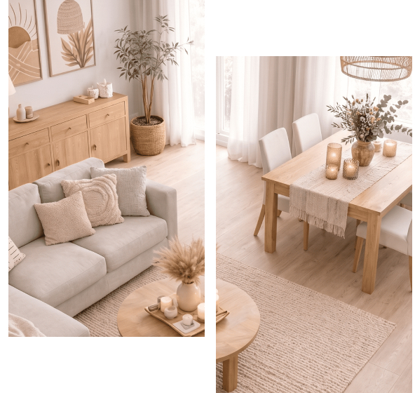 Salon et salle à manger modernes avec meubles en bois et décorations naturelles.