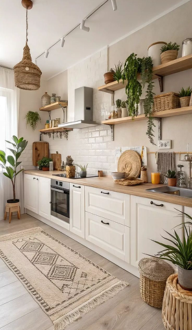 Cuisine moderne avec plantes vertes, étagères en bois et tapis décoratif.