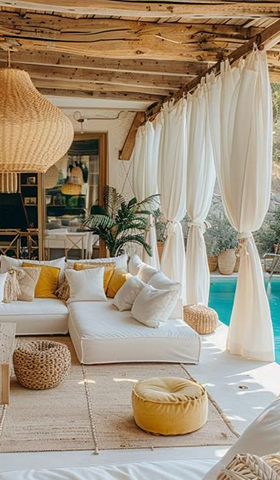 Terrasse extérieure avec canapé blanc, coussins jaunes, rideaux et piscine.