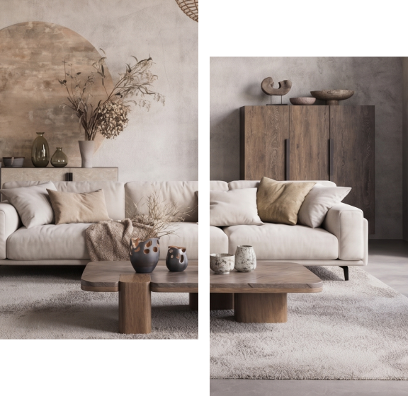 Salon moderne avec canapé beige, table basse en bois et décorations minimalistes.
