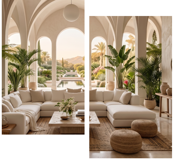 Salon élégant avec canapé blanc, plantes vertes et vue sur jardin méditerranéen.