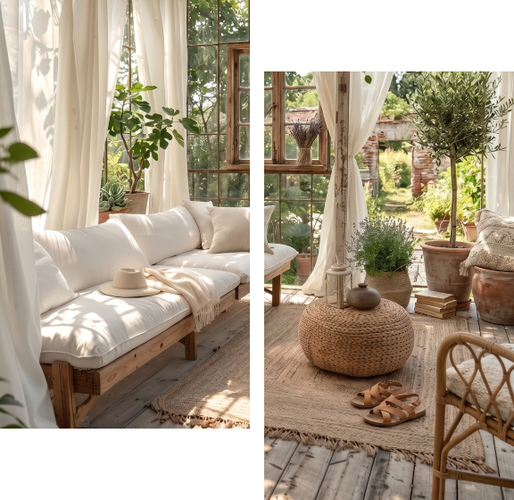 Véranda lumineuse avec canapé, coussins, plantes et décorations naturelles.