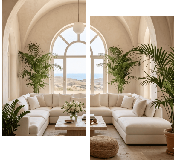 Salon lumineux avec canapé blanc, grandes fenêtres cintrées et plantes vertes.