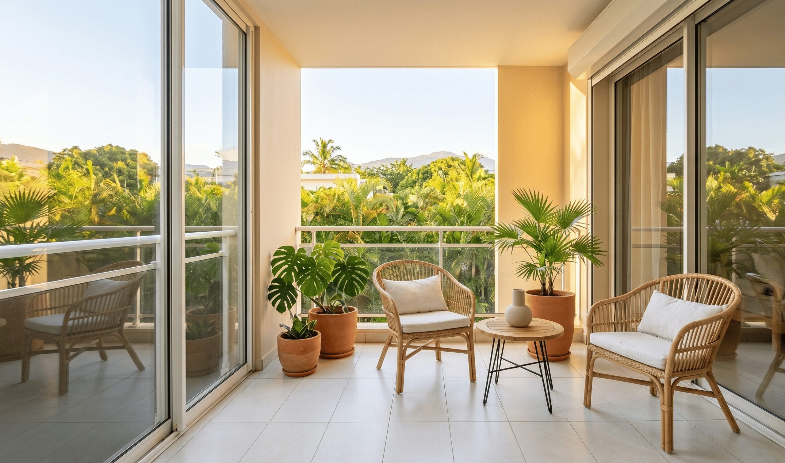Balcon d'appartement réunionnais mis en scène par home staging pour valoriser l'espace extérieur