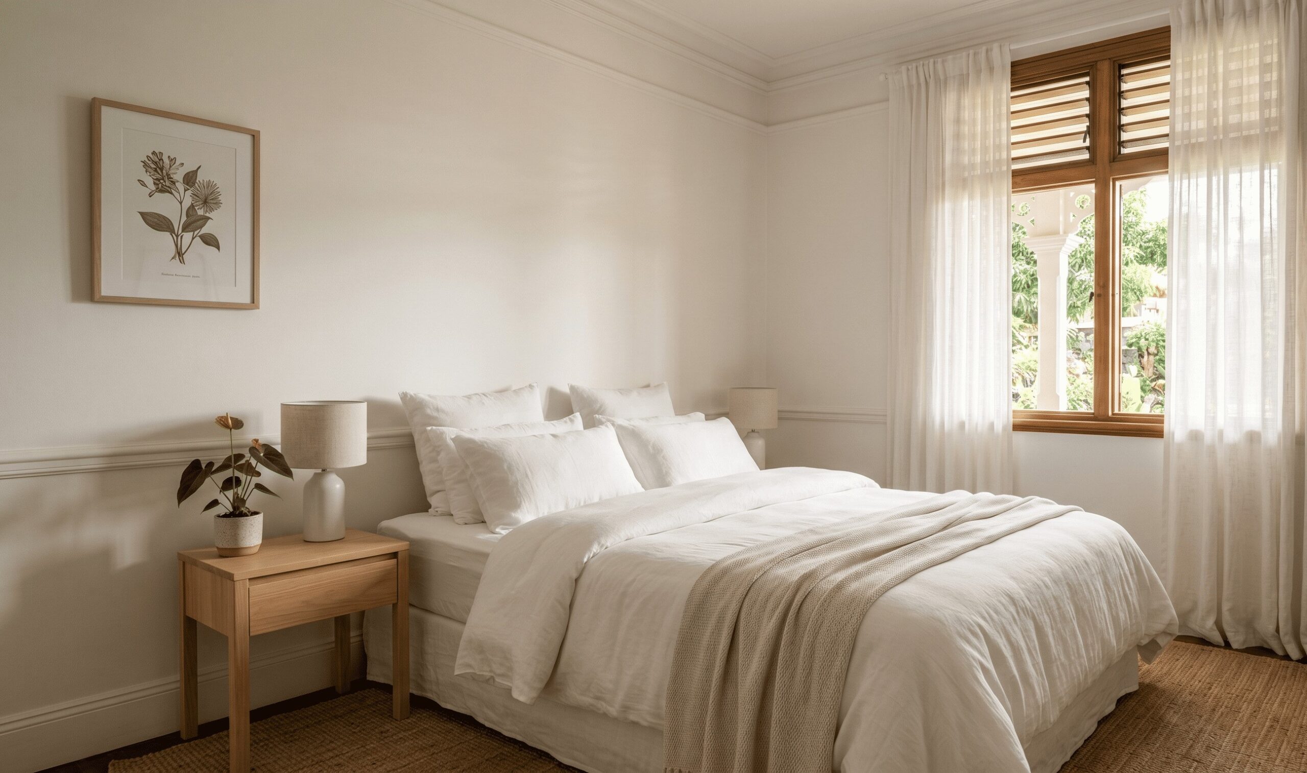 Chambre mise en scène par home staging professionnel dans un bien en succession à La Réunion