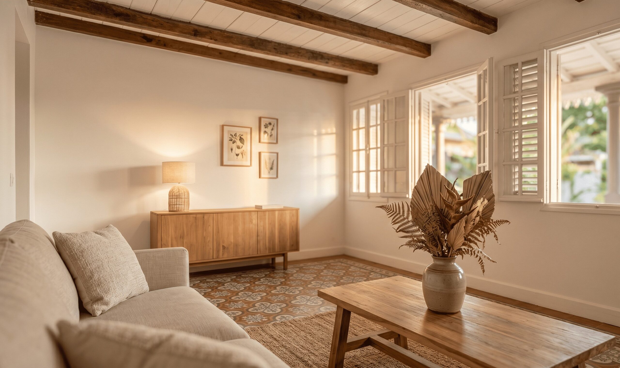 Pièce de vie d'une maison ancienne réunionnaise rafraîchie par peinture neutre et home staging léger