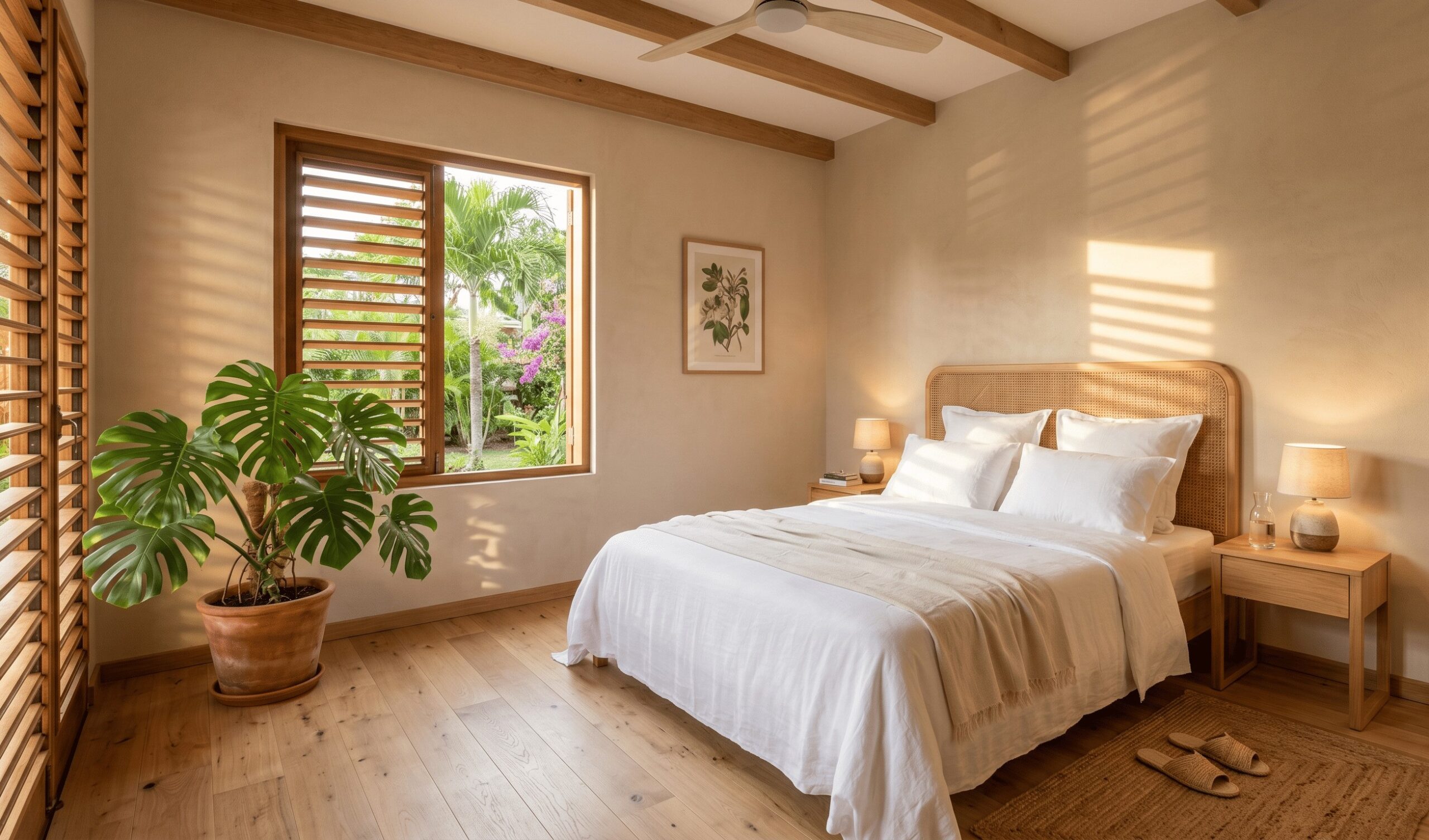 Chambre de location saisonnière réunionnaise mise en scène pour photographie Airbnb