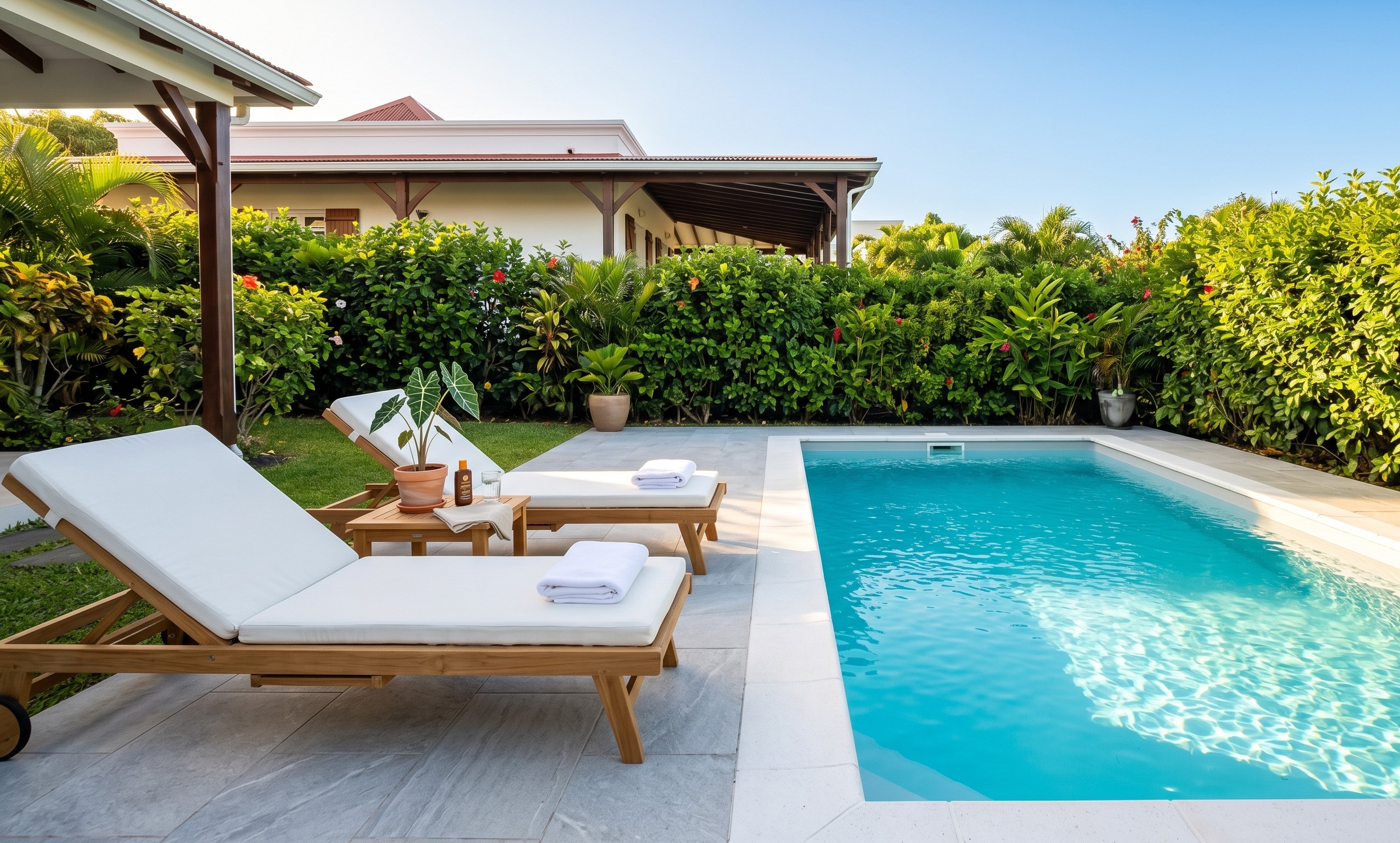 Piscine et abords d'une villa réunionnaise valorisés par le home staging avant vente immobilière
