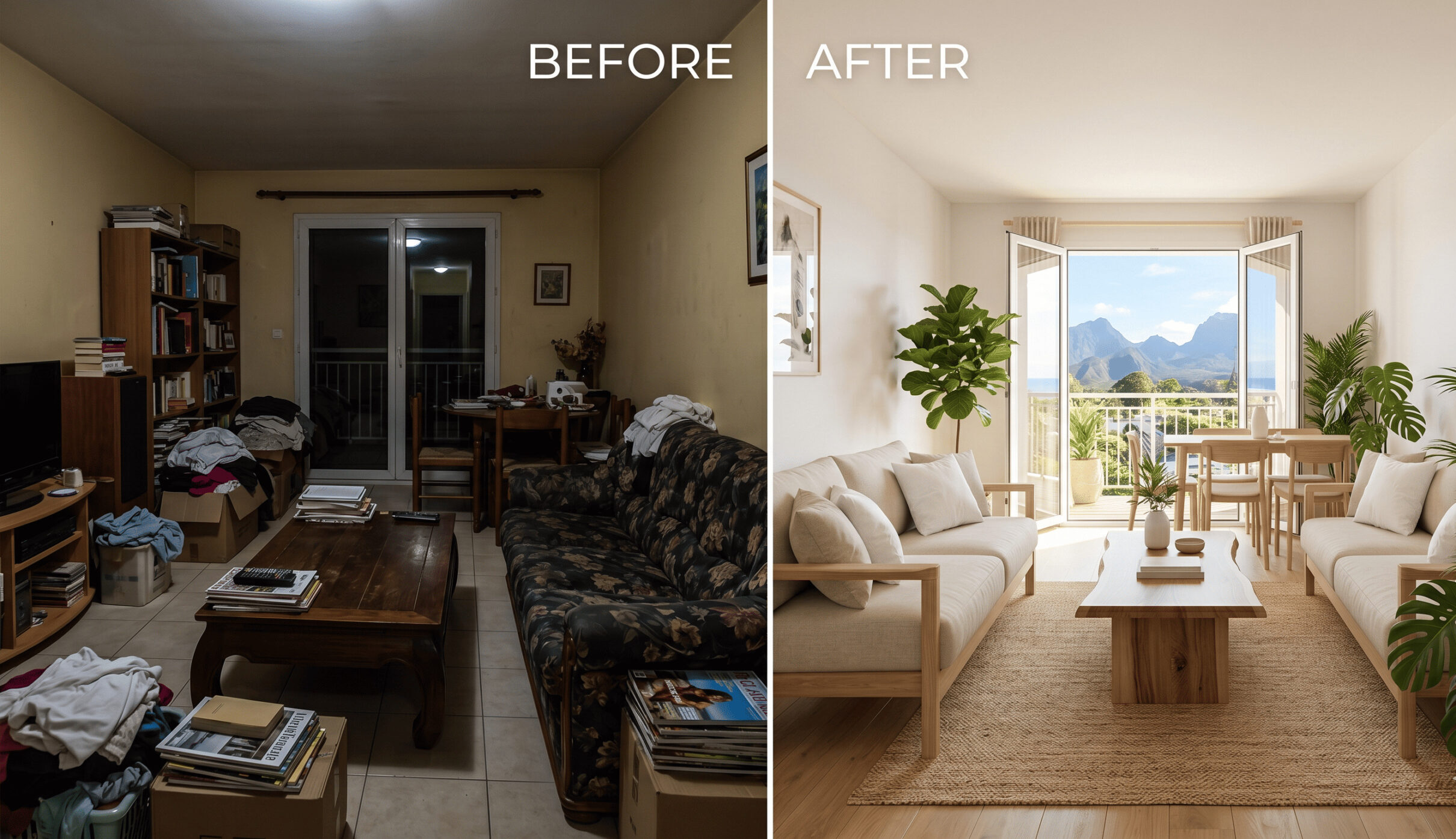Transformation avant après home staging professionnel à La Réunion, levier de différenciation pour agences immobilières