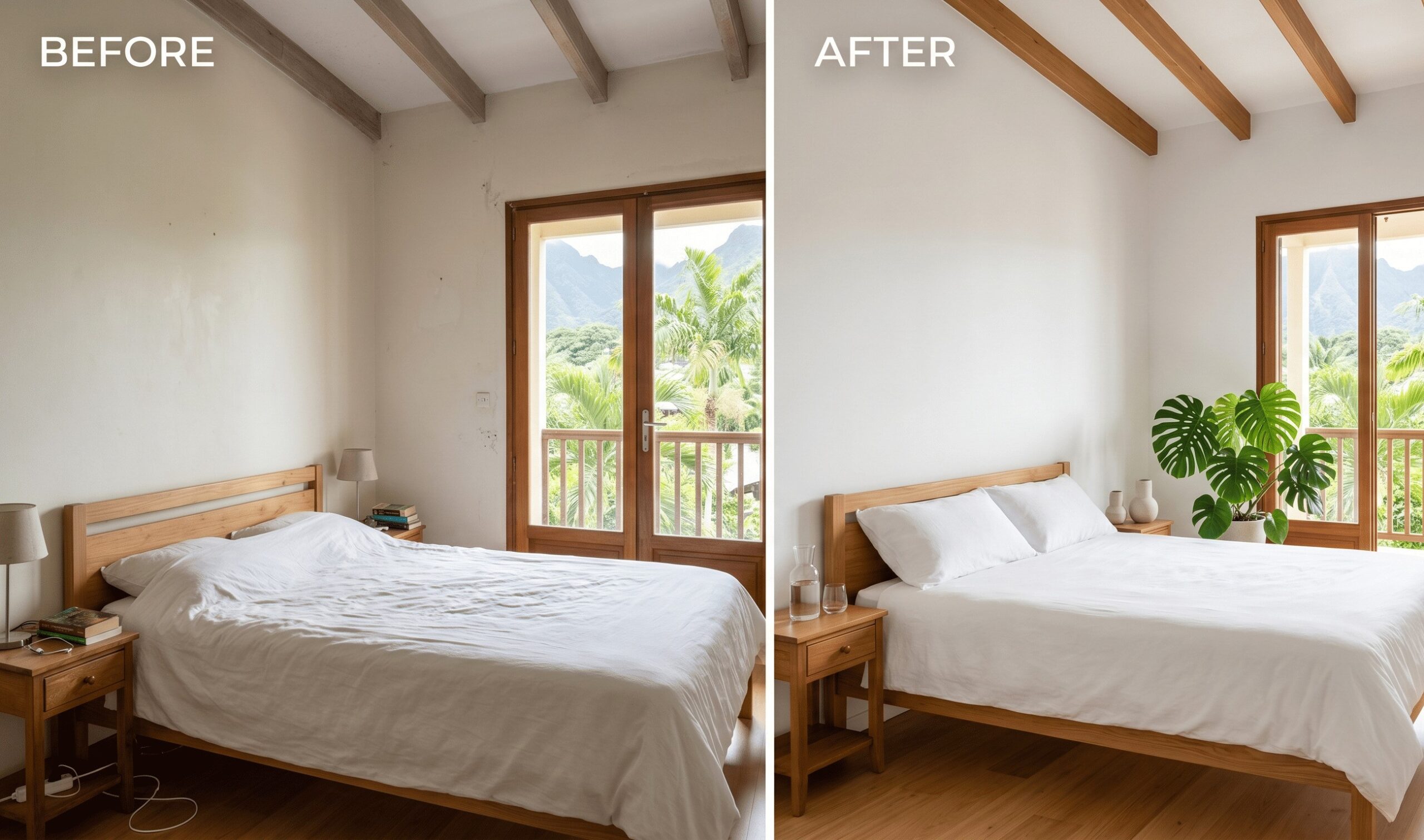 Chambre repeinte en teinte neutre après home staging à La Réunion, suppression des objections visuelles pour la vente