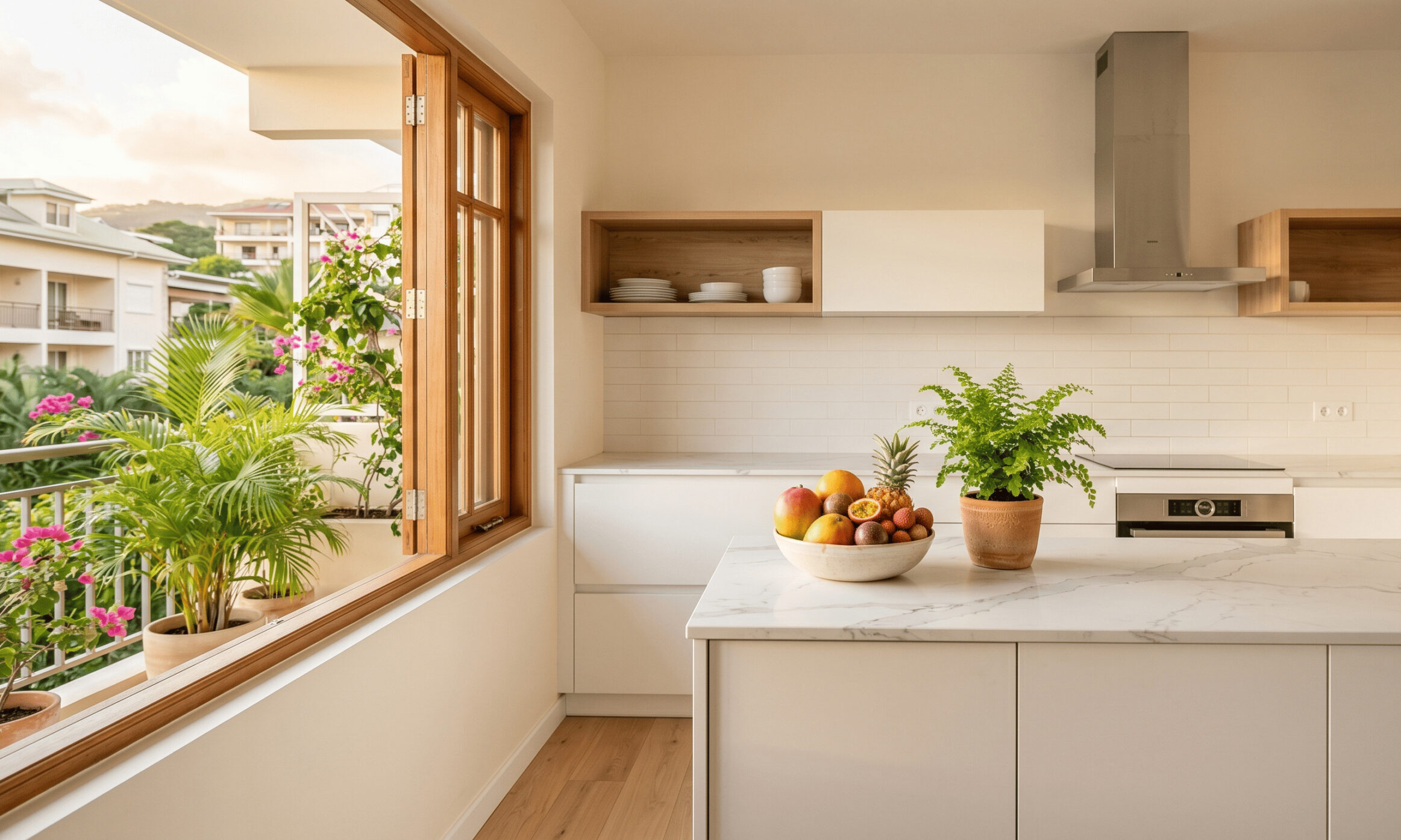 Chambre principale valorisée avec home staging à La Réunion, ambiance neutre et chaleureuse