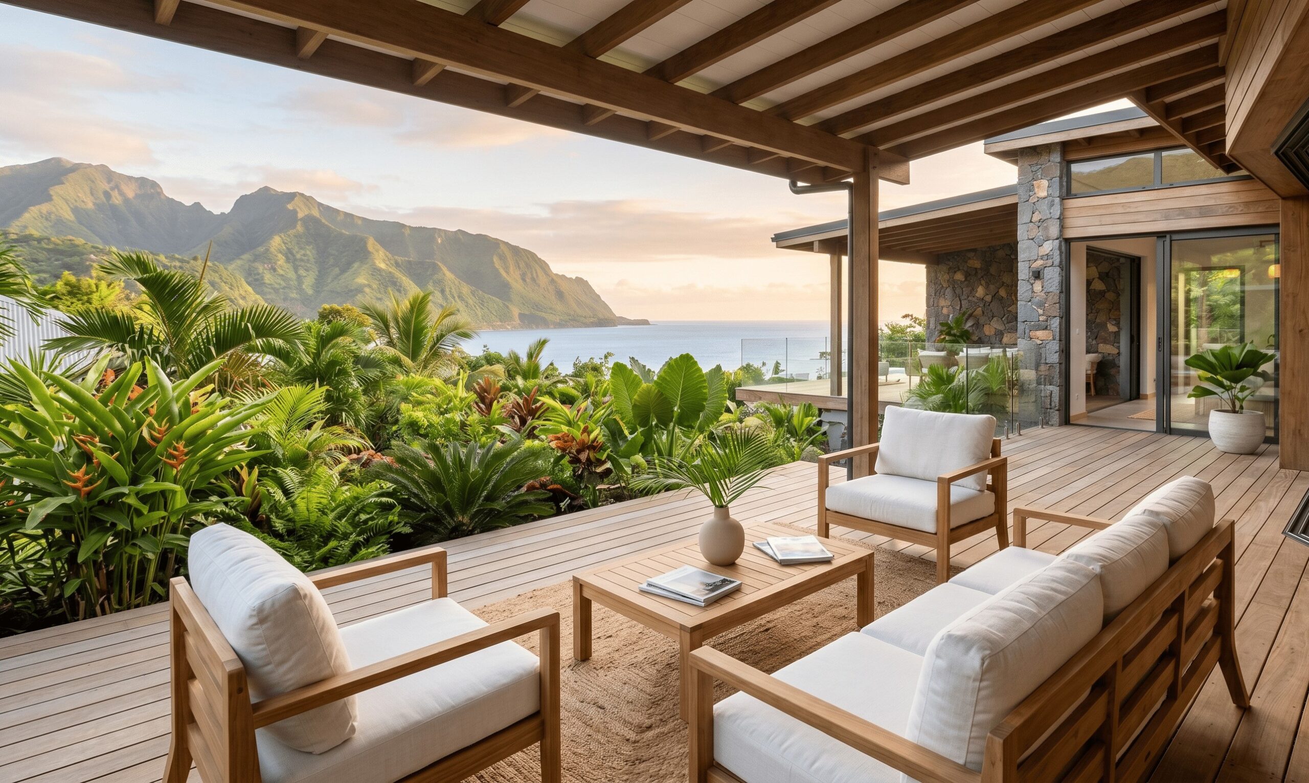 Terrasse d'une villa réunionnaise mise en valeur par le home staging, atouts locaux valorisés pour déclencher un coup de cœur