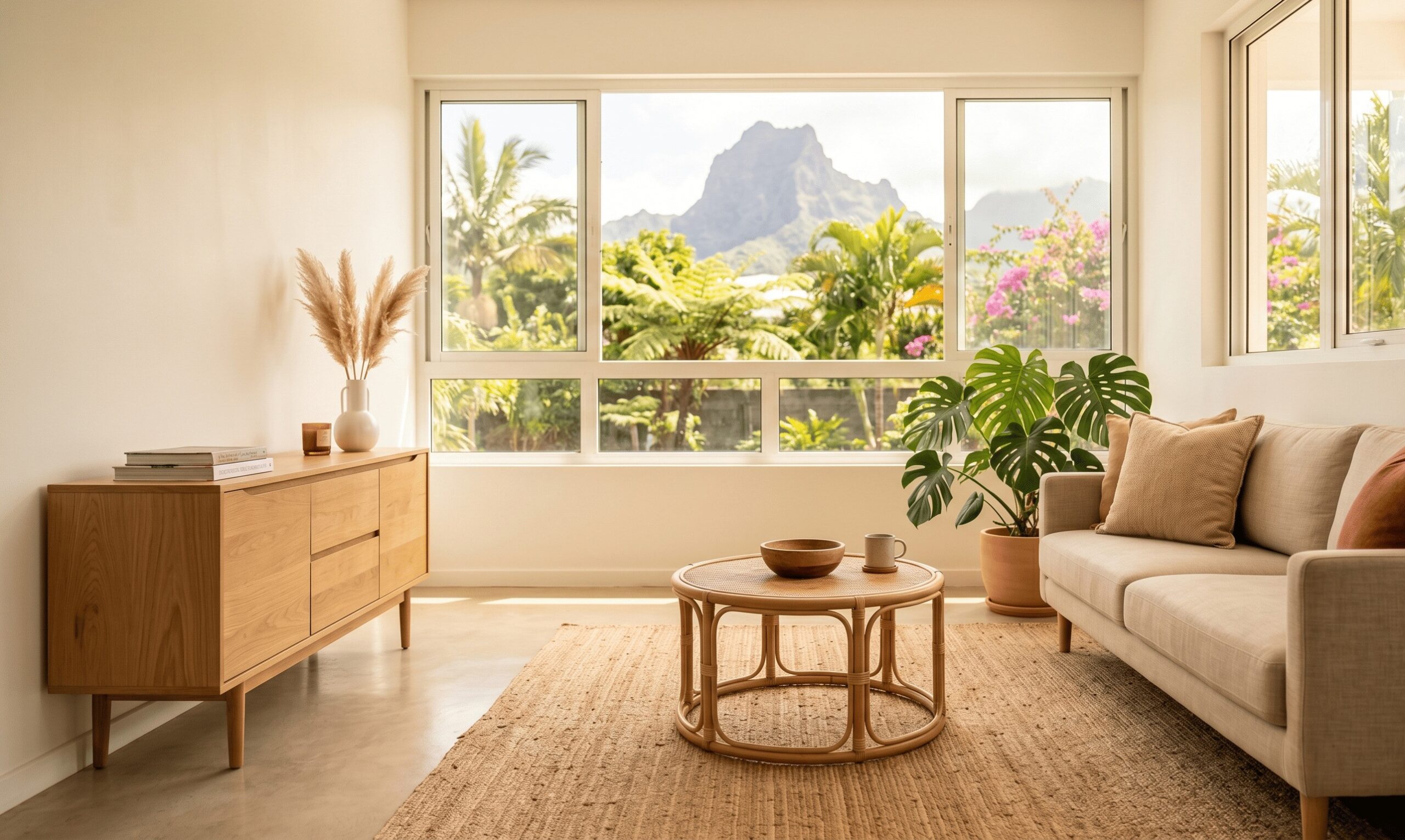 Salon d'appartement réunionnais dépersonnalisé avec palette chromatique neutre pour home staging