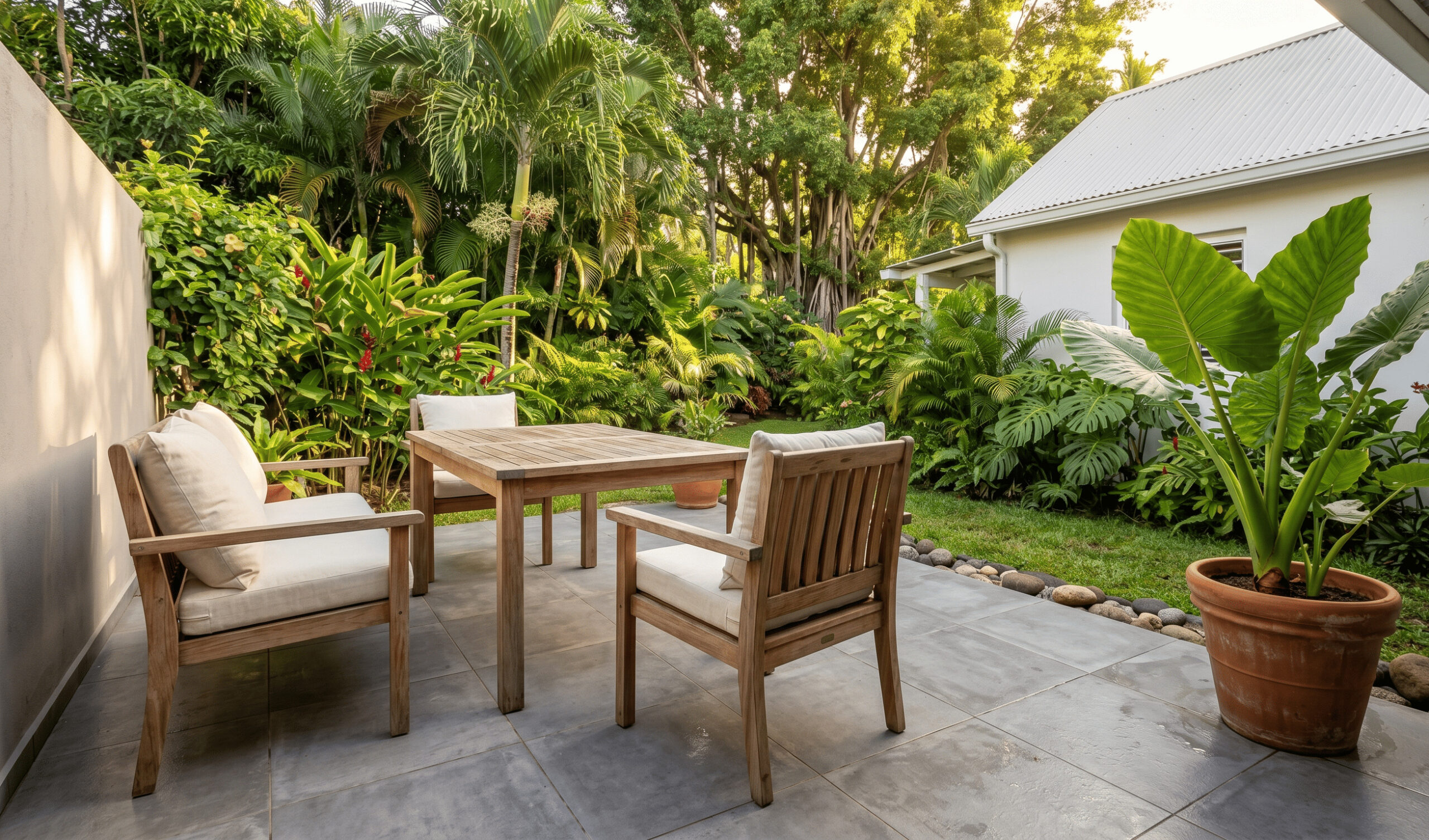 Terrasse réunionnaise rafraîchie à petit budget avant mise en vente