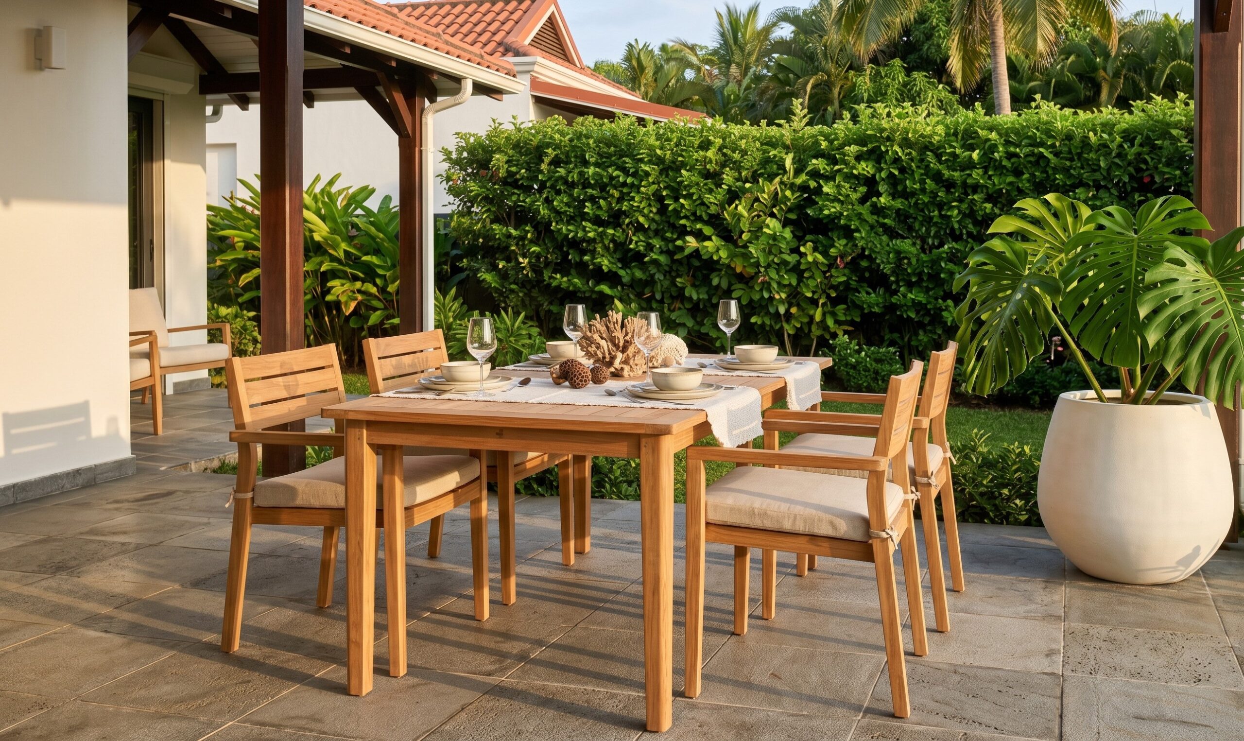 Terrasse de villa réunionnaise mise en scène par home staging tropical avant mise en vente