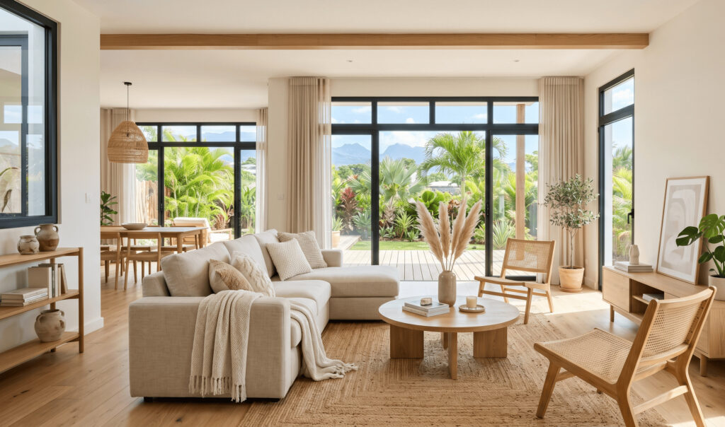 Salon mis en valeur par le home staging à La Réunion — tons neutres et bois naturel