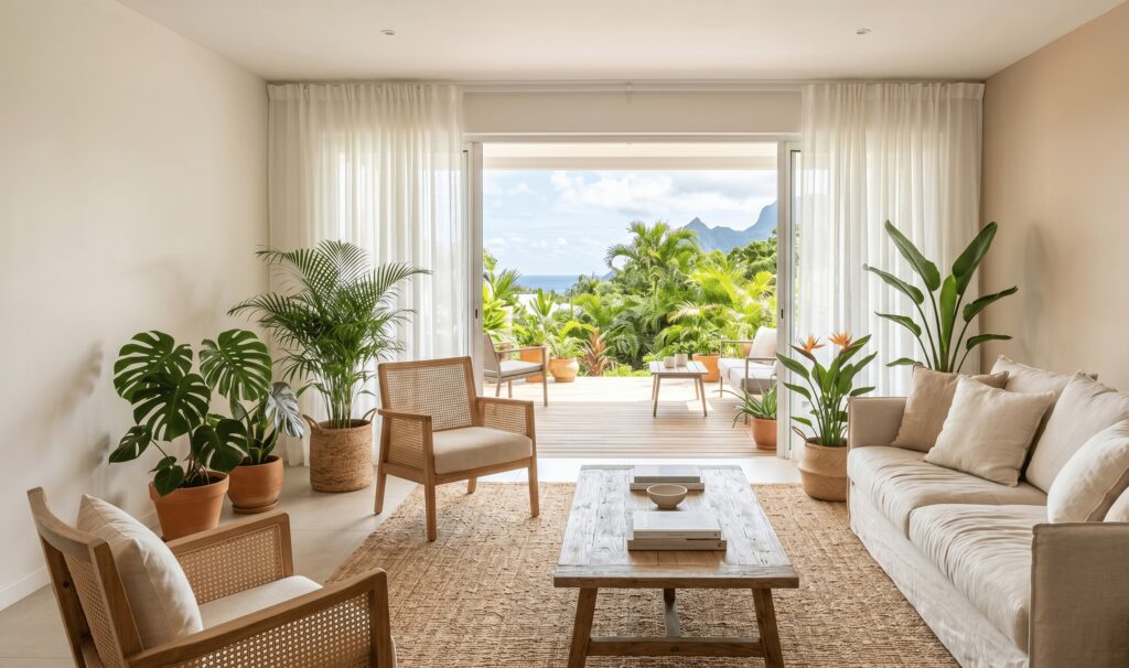Salon réunionnais après home staging professionnel, style épuré tons beiges et bois naturel