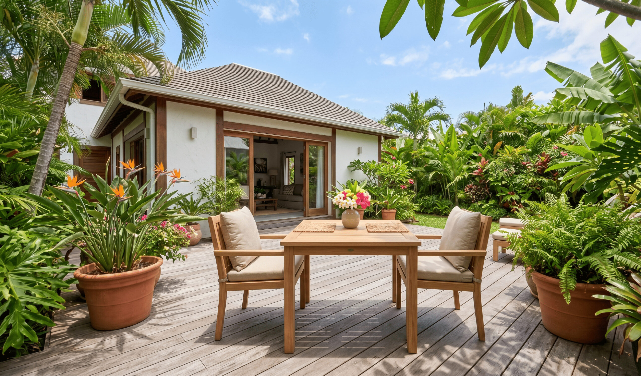 Valorisation de l'extérieur et de la terrasse d'une maison à La Réunion avant vente
